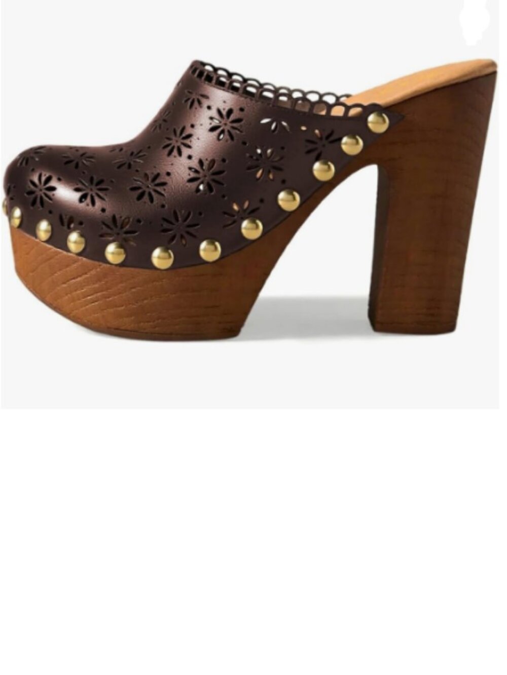 FOWT Deep Brown Studded Round Toe Floral Cut Out Backless Platform Mules